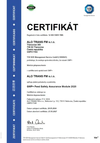 Certifikát ALO trans FM - přeprava materiálů