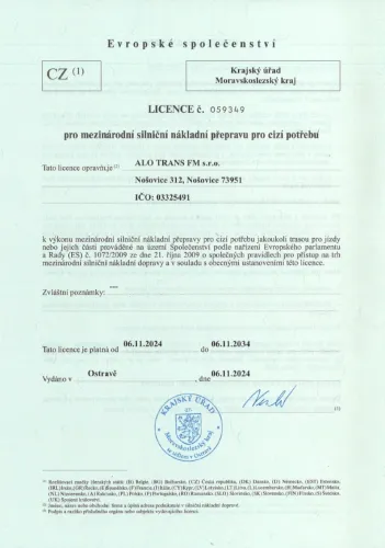 Certifikát ALO trans FM - přeprava materiálů