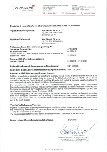 Certifikát ALO trans FM - přeprava materiálů
