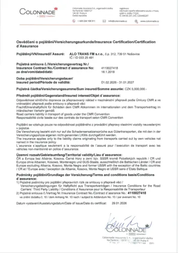 Certifikát ALO trans FM - přeprava materiálů