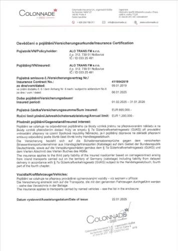 Certifikát ALO trans FM - přeprava materiálů