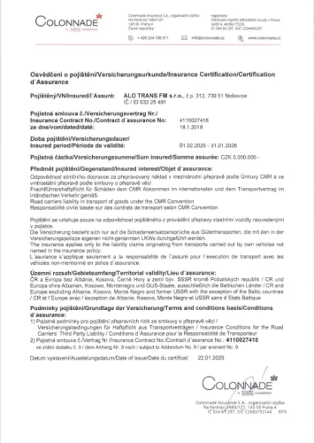 Certifikát ALO trans FM - přeprava materiálů