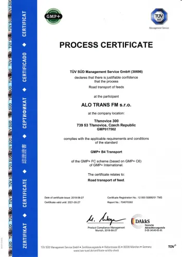 Certifikát ALO trans FM - přeprava materiálů